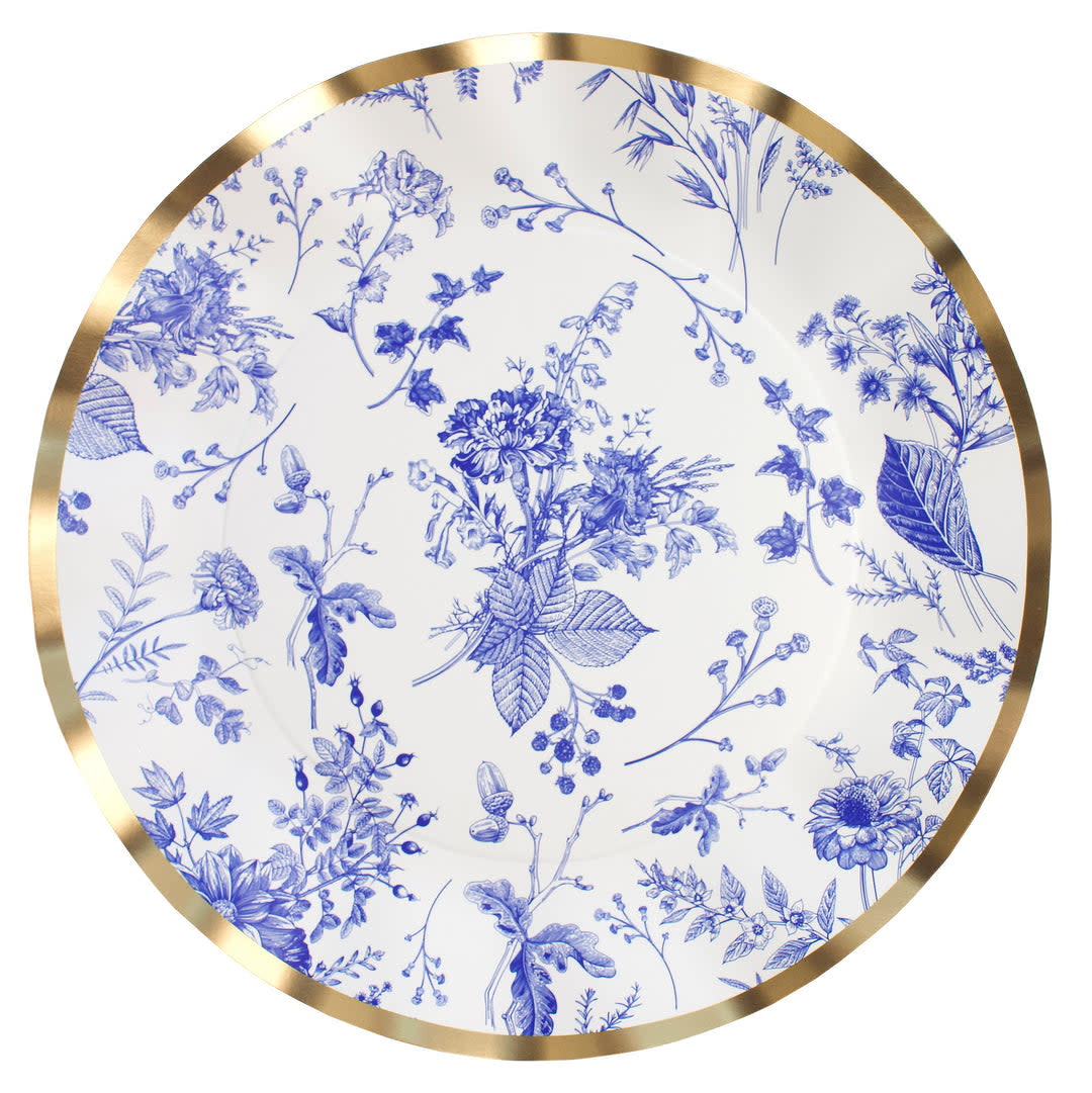 10-inch white paper dinner plate with blue floral toile pattern and a metallic gold rim.