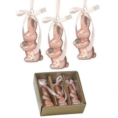 4.5-inch glass bunny ornament in blush pink with a smooth glossy finish.