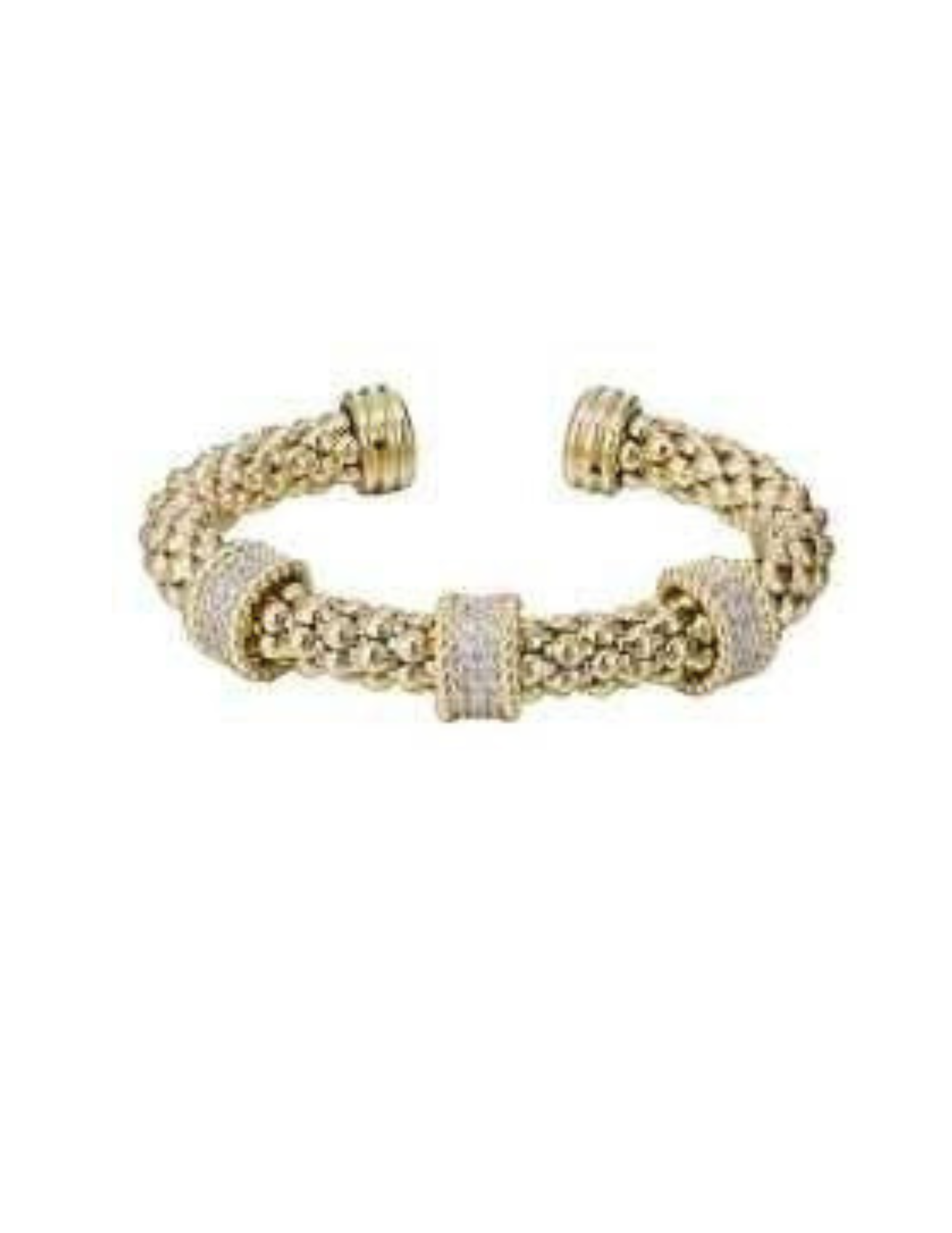 Gold mesh weave cuff bracelet with three diamond-encrusted bands and ribbed end caps.