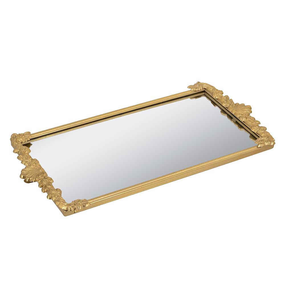 Gold-framed mirror tray with intricate floral cutout detailing.