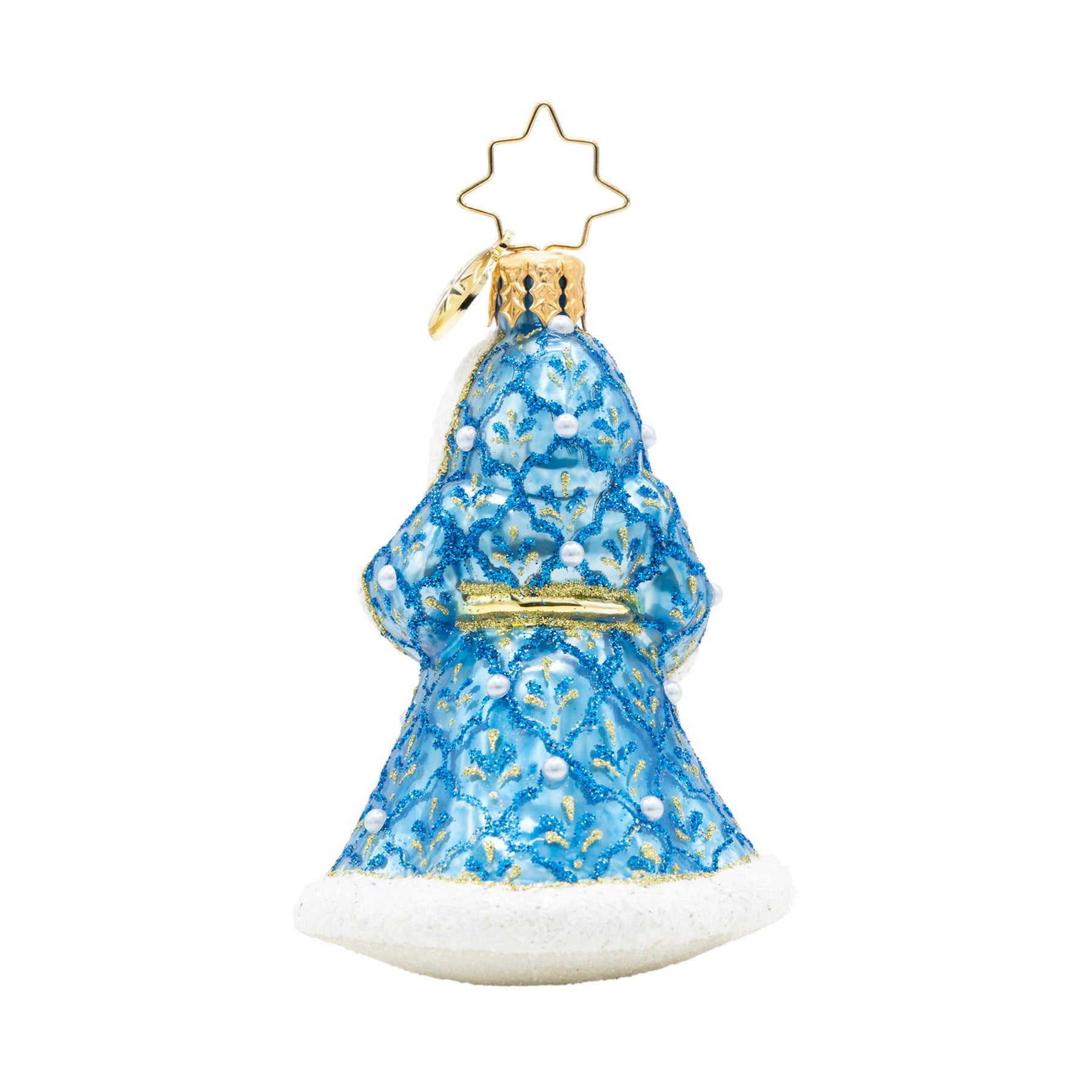 Gilded Grandeur Santa glass ornament in a blue patterned coat with white trim and a star topper.