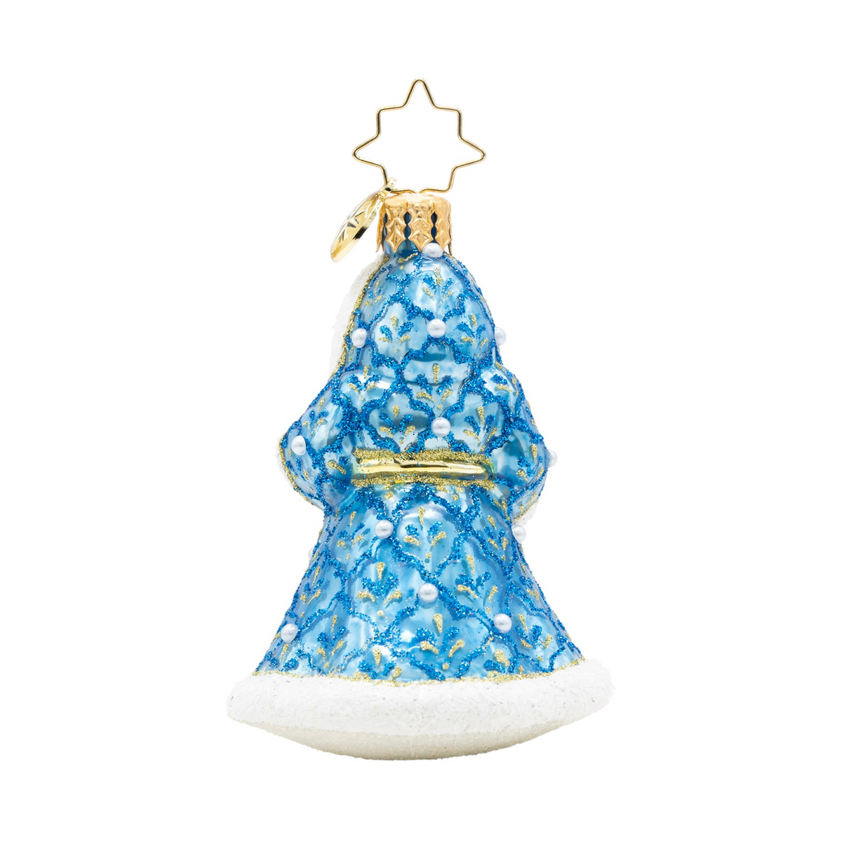Gilded Grandeur Santa glass ornament in a blue patterned coat with white trim and a star topper.