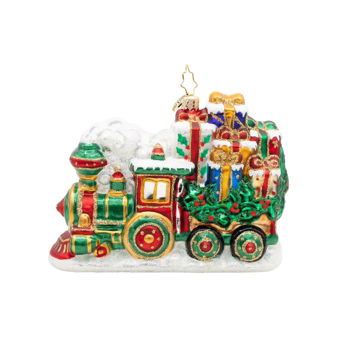 Yuletide Express glass train ornament with colorful gifts, holly, and sparkling snow details.