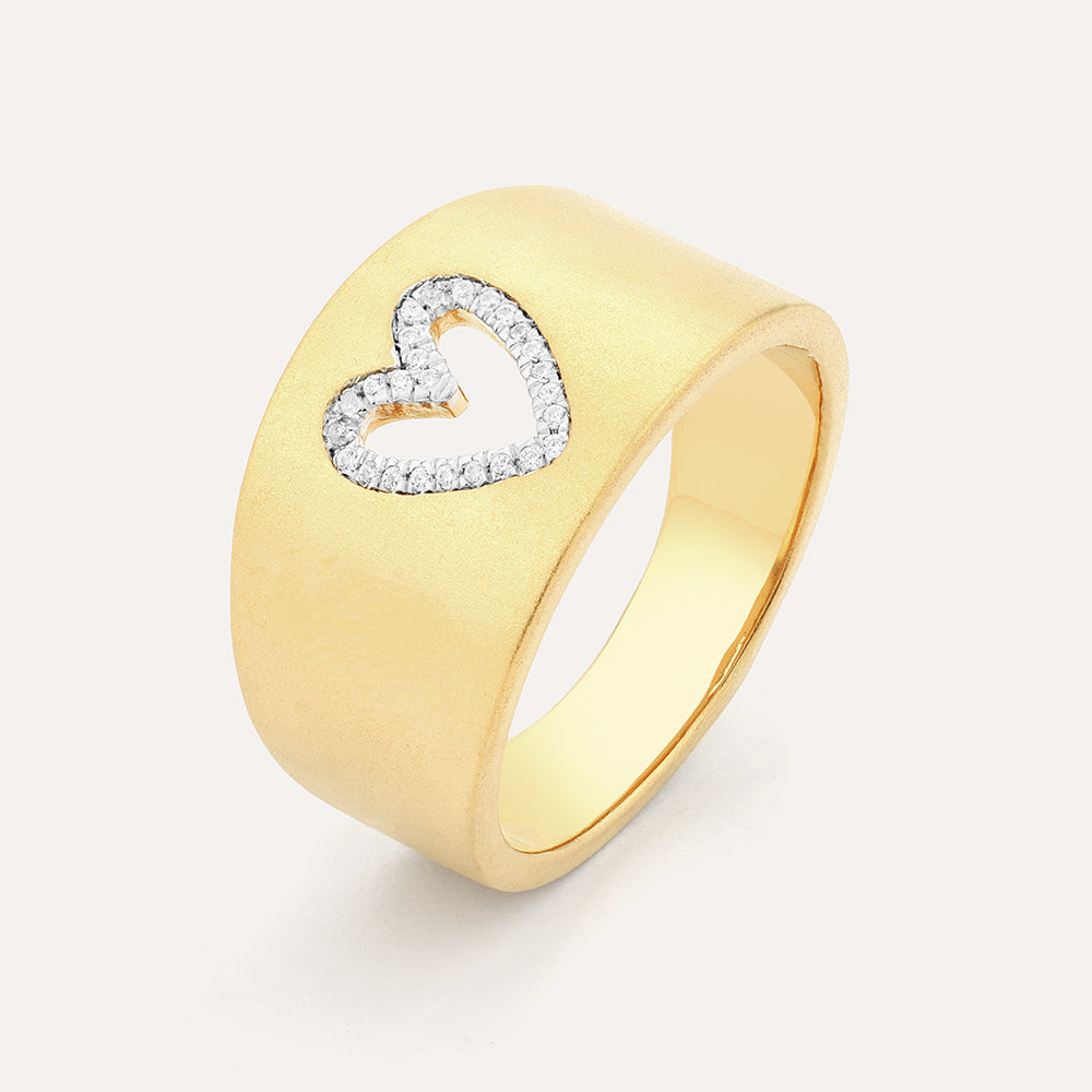 Wide 14k gold plated sterling silver band ring featuring a diamond-encrusted heart cutout.