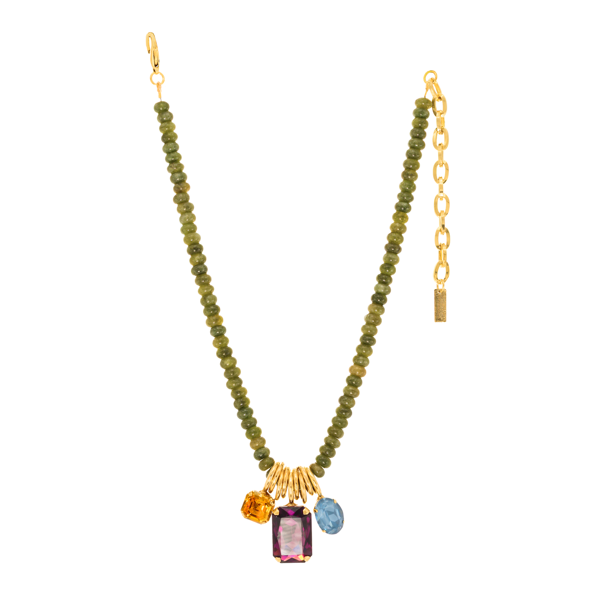 Mckinney Necklace with green beads, antique gold plating, and three colorful crystal charms.