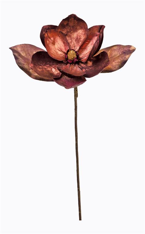 23-inch metallic magnolia stem with a large copper-toned bloom and two leaves on a brown stem.