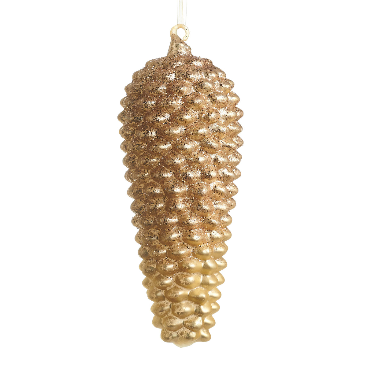Gold pinecone glass ornament with a glittery finish and hanging loop.