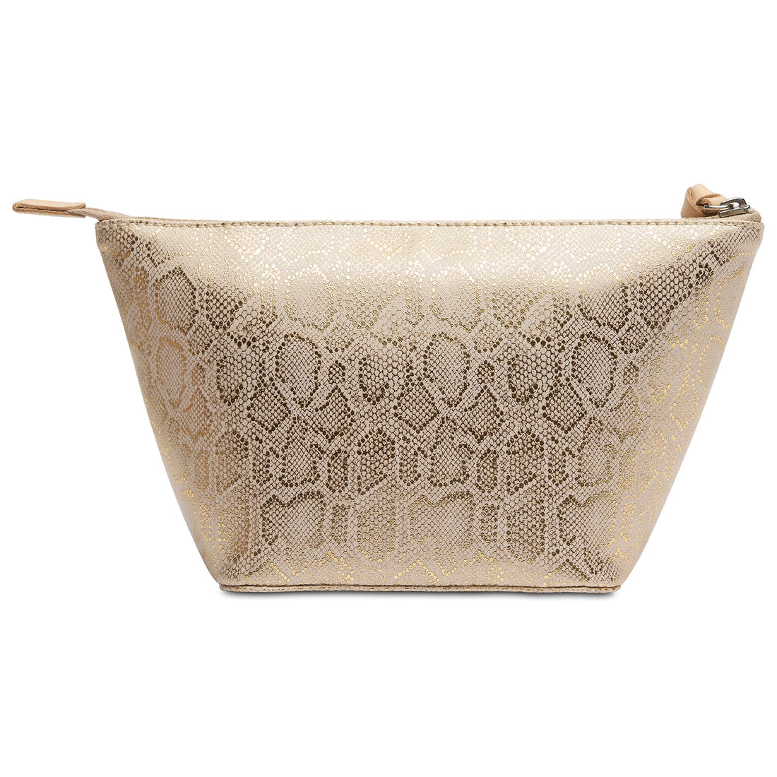 Leah large tool kit with metallic exterior, vinyl interior, natural leather zipper pull, and logo accent.