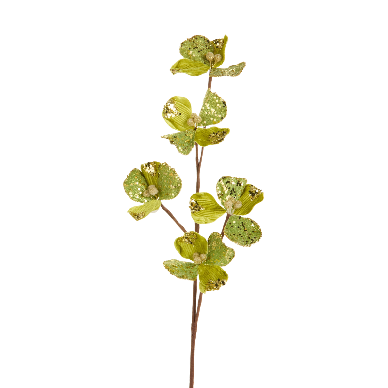 23.5-inch green velvet floral spray with glitter accents and five bloom clusters on a brown stem.