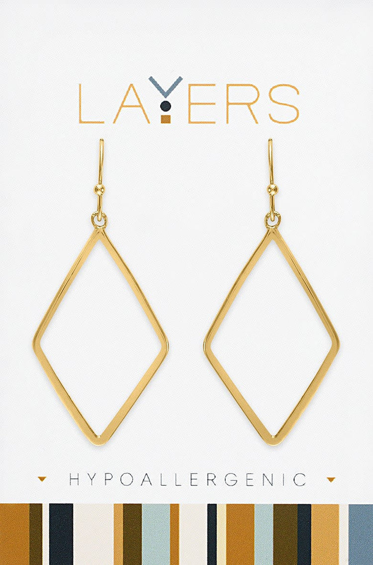 Gold geometric diamond-shaped dangle earrings on a white Layers brand card.