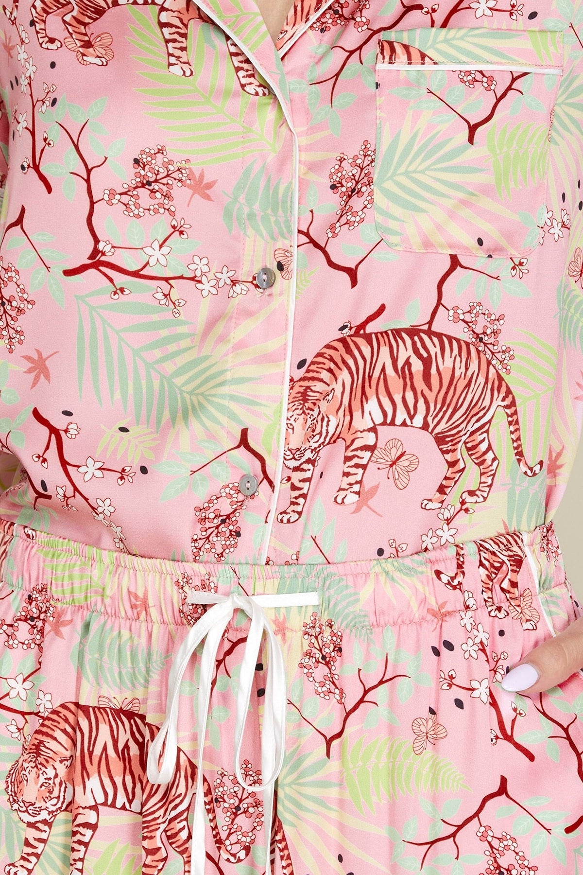 Alex Tiger print satin pajama top in black with white tiger graphic.