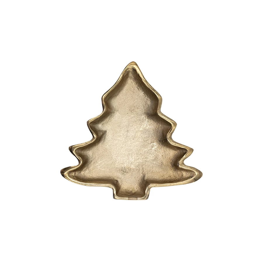 Gold finish cast aluminum dish in the shape of a Christmas tree.