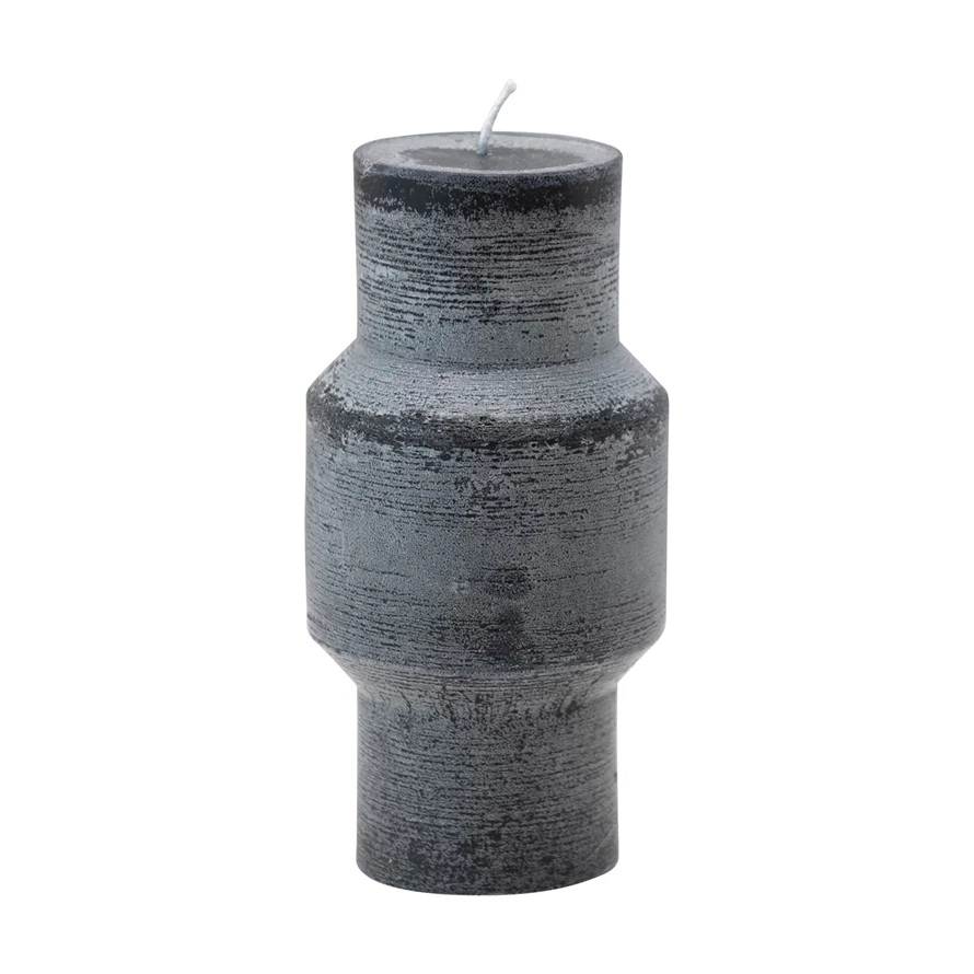 Black unscented totem pillar candle with a round shape.