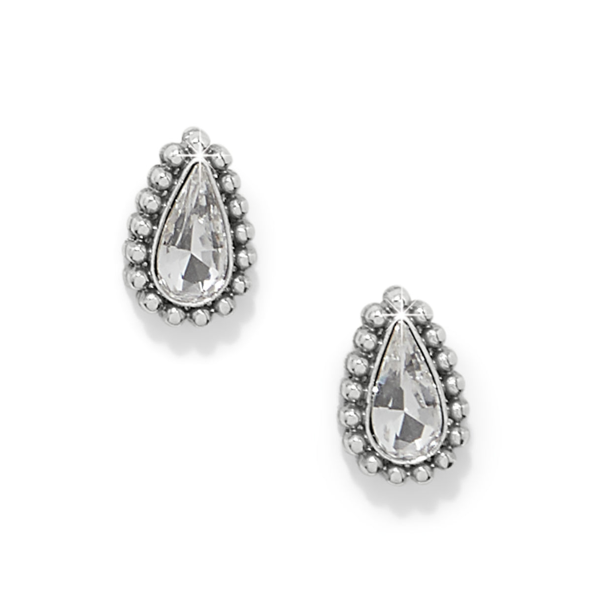 Silver plated teardrop post earrings featuring fine quality crystals with a flat disc back.