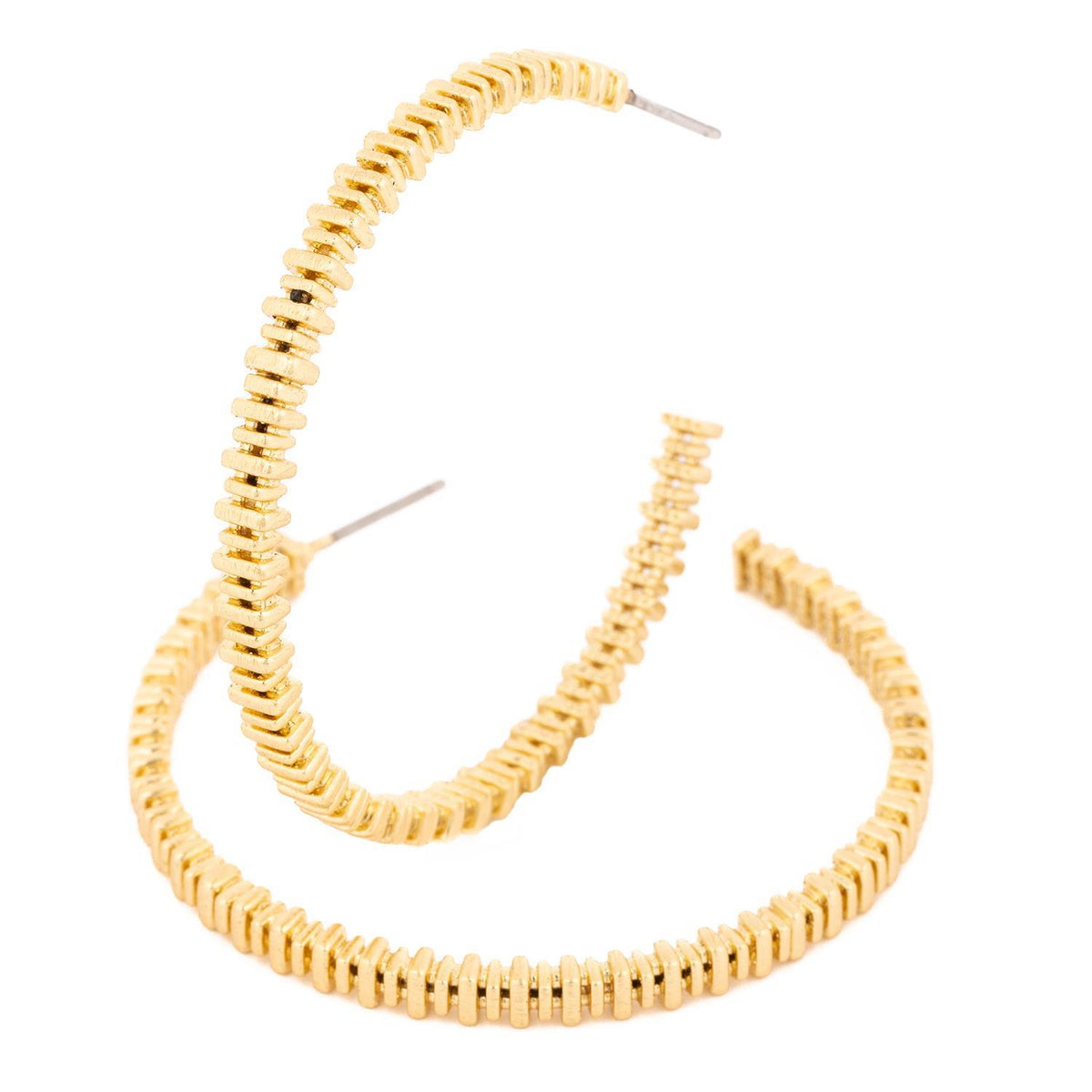 Gold hoop earrings with a ribbed, segmented design.