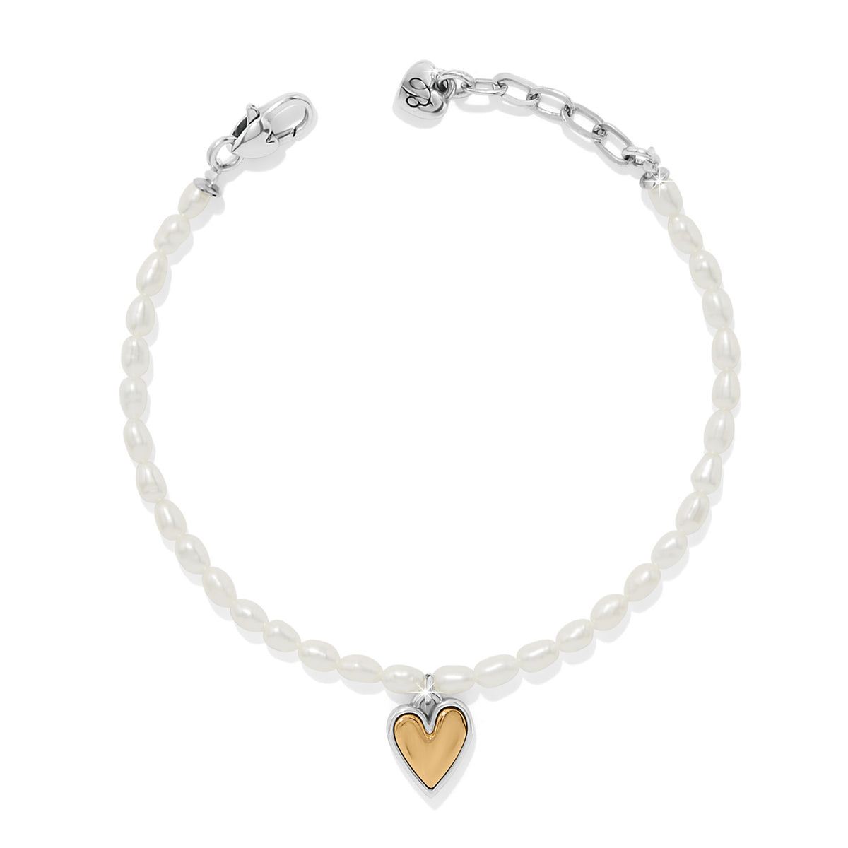 Cascade Embrace Pearl Heart Bracelet with rice pearls and a two-tone gold and silver heart charm.