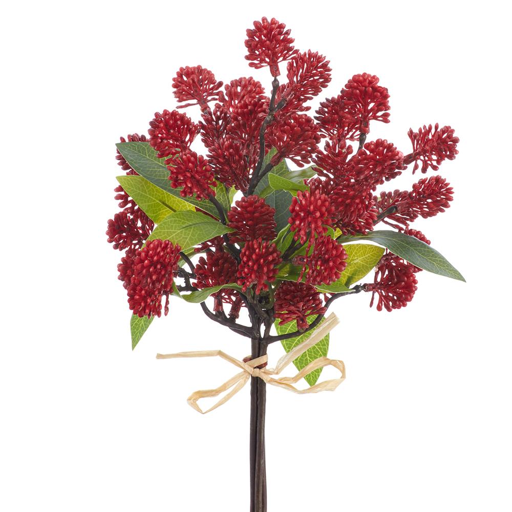 11-inch soft PE red sedum bundle with green leaves and a raffia bow.