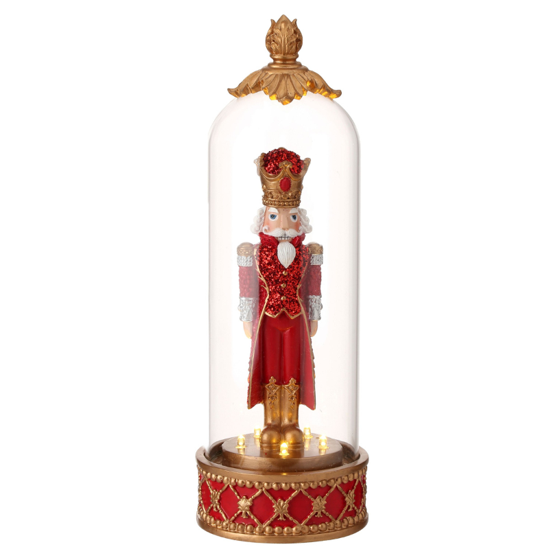 13.5-inch resin nutcracker in a glass cloche with LED lights and a gold decorative base.