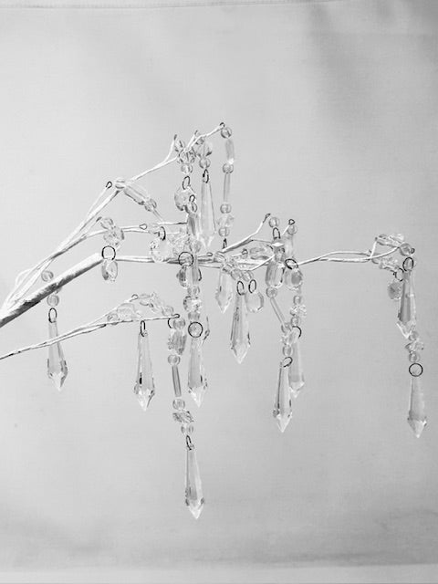 30-inch white crystal beaded branch with a natural wood silhouette