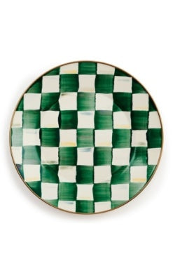 Round dinner plate with a hand-painted emerald green and white checkered pattern and gold rim.