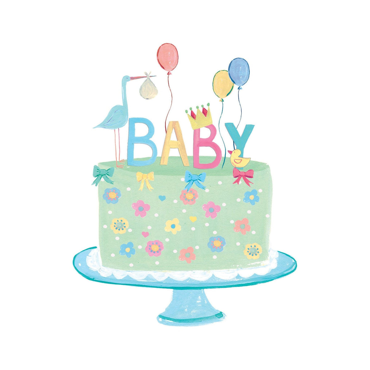 Illustration of a green baby shower cake with floral patterns, bows, and 'BABY' toppers.