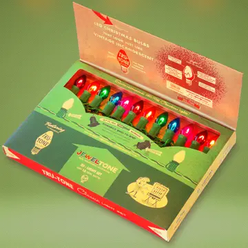 Tru-Tone Jeweltone vintage style LED Christmas light set in a retro-themed green and red gift box.