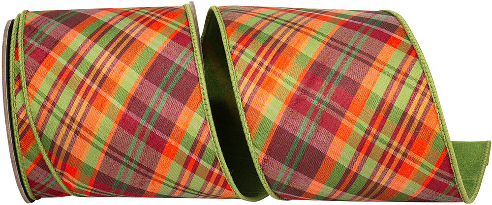 Plaid Tierra Sage Diagonal Fused Dupioni Backed Wired Edge Ribbon with orange and green patterns.