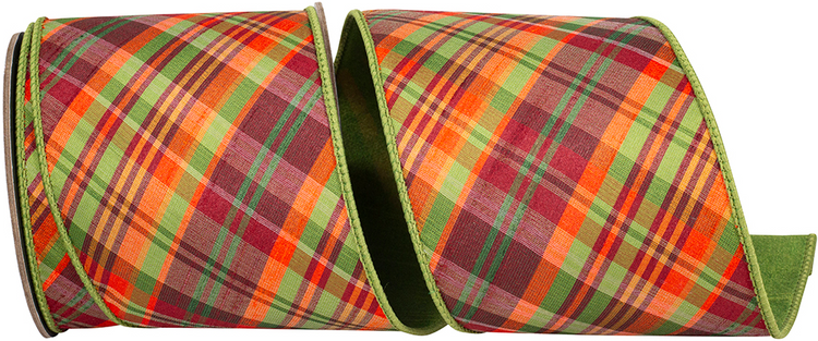 Plaid Tierra Sage Diagonal Fused Dupioni Backed Wired Edge Ribbon with orange and green patterns.