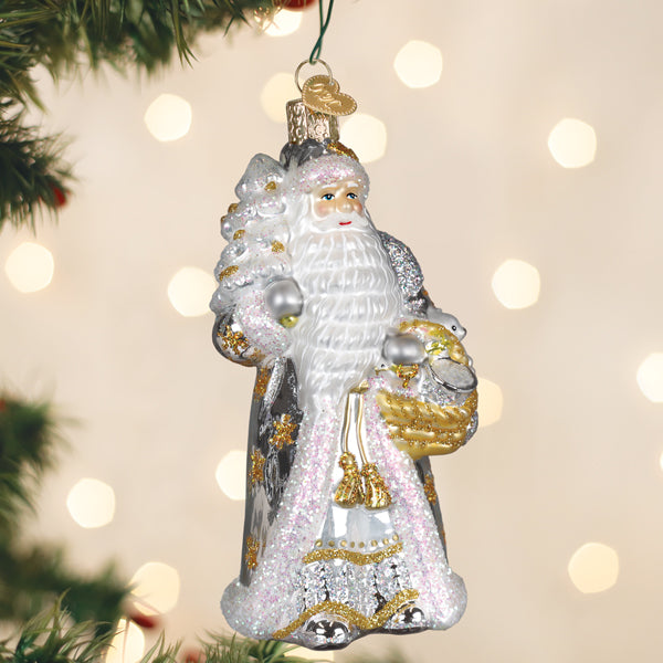 Silver metallic Santa ornament with a classic silhouette featuring detailed facial features.
