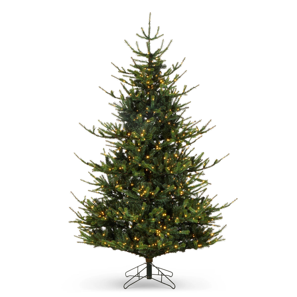 9' Pre-Lit Deluxe Rocky Mountain Spruce Tree with warm white LED lights on a metal stand.