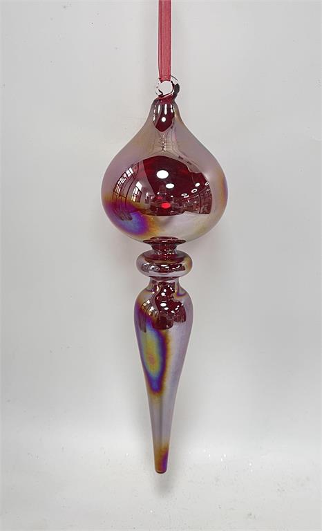 11.5-inch burgundy iridescent glass finial ornament with a shimmering finish and red ribbon.