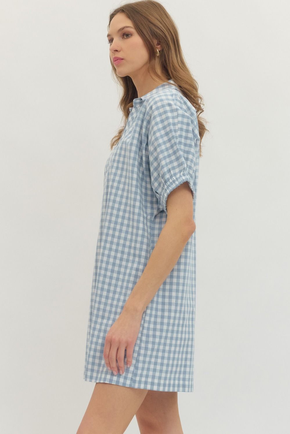 Side view of a woman wearing the Naomi blue and white gingham short sleeve mini dress.