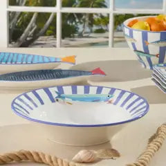 Something Fishy 13-inch ceramic serving bowl with blue stripes and a hand-painted fish illustration.