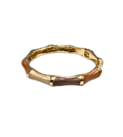 Gold-tone hinged cuff bracelet with bamboo-style segments in brown, tan, and orange enamel.