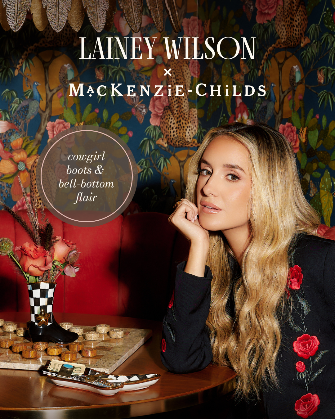 Lainey Wilson x MacKenzie-Childs Courtly Check Cowboy Boot Dish on a table with a checkerboard.