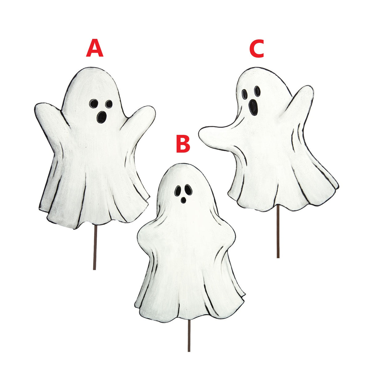 Three white metal ghost garden stakes with black outlines and expressive faces labeled A, B, and C.