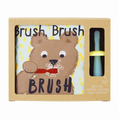 Plush book-shaped toothbrush set with baby-safe mirror and BPA-free silicone brush in pastel colors.