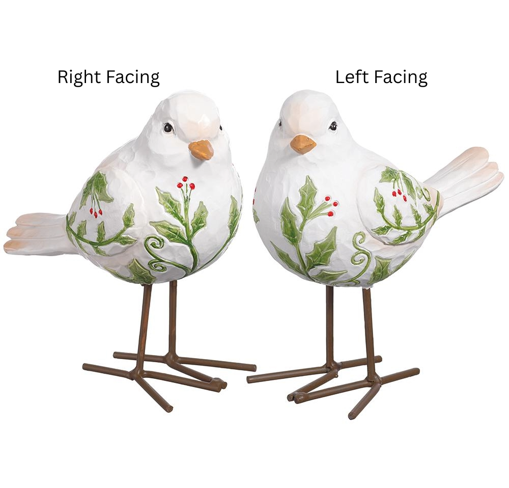 Two 6-inch white polyresin birds with holly leaf designs, one right-facing and one left-facing.