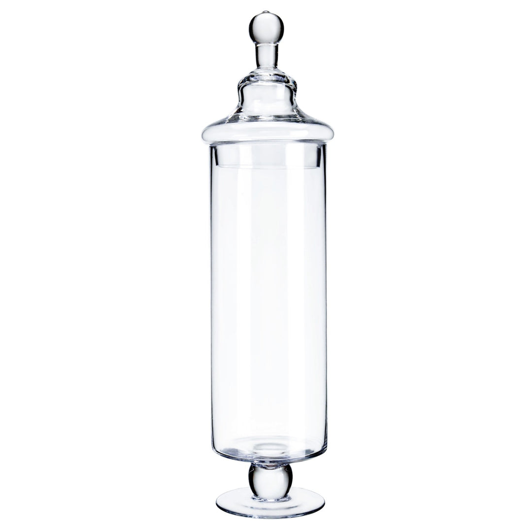 Tall, clear glass apothecary jar with a 4-inch diameter, featuring a pedestal base and a finial lid.