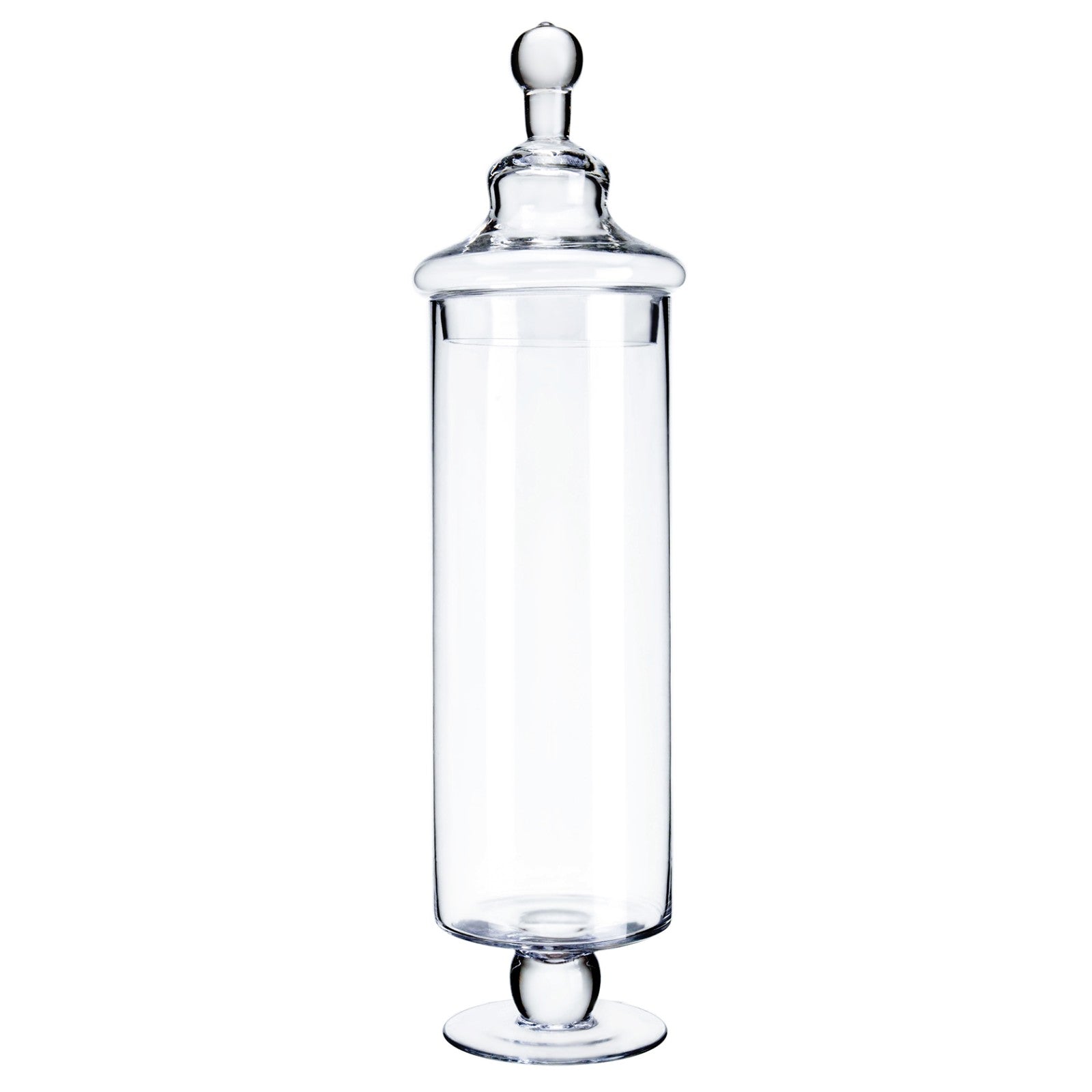 Tall, clear glass apothecary jar with a 4-inch diameter, featuring a pedestal base and a finial lid.