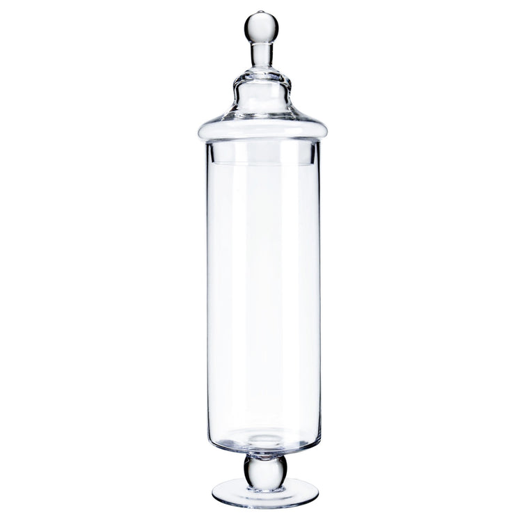 Tall, clear glass apothecary jar with a 4-inch diameter, featuring a pedestal base and a finial lid.