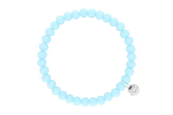 Stretchy bracelet with faceted glass beads in a colorful beaded pattern.