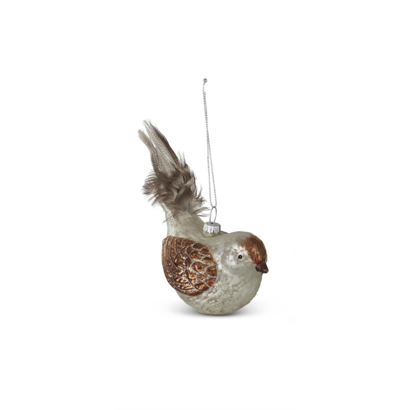 White mercury glass bird ornament with a brown wing pattern and a soft feather tail.