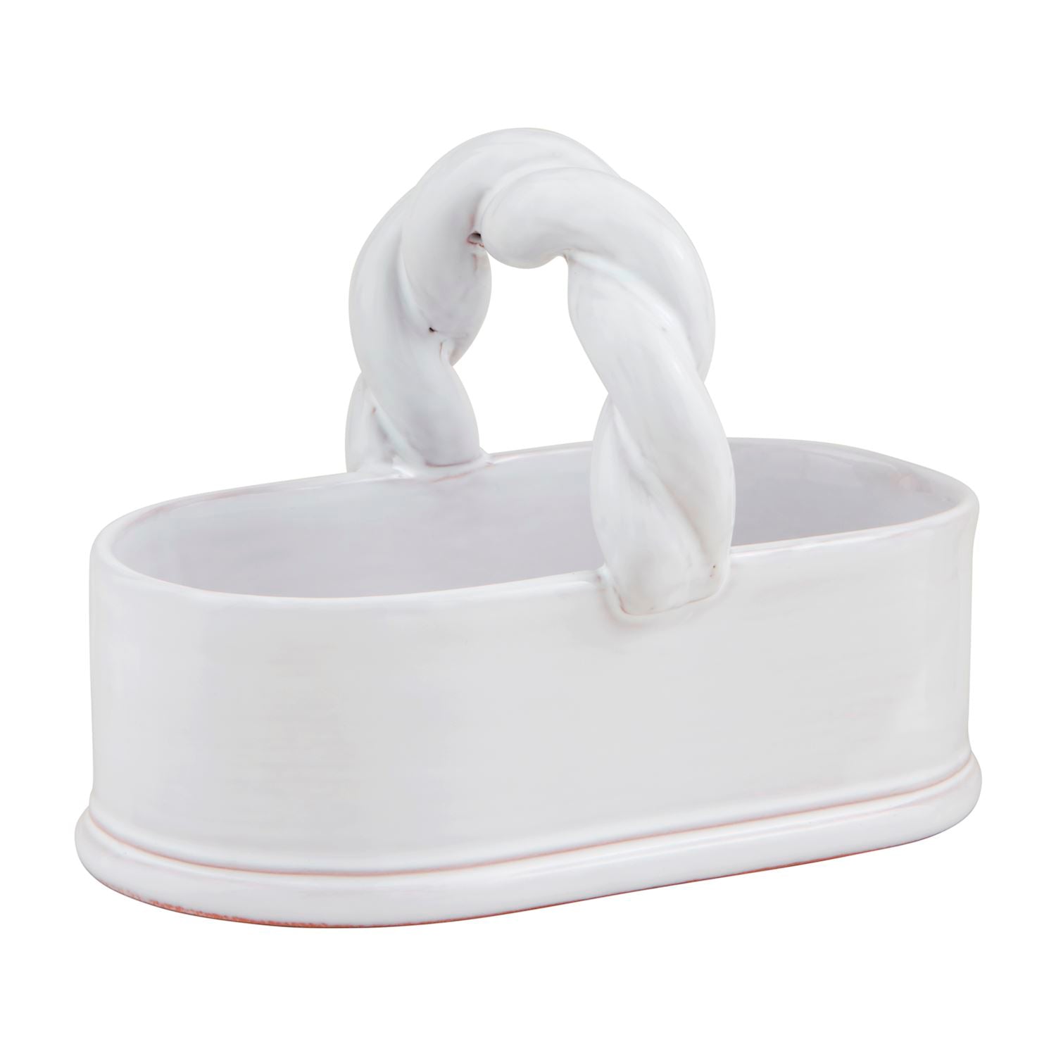 White terracotta tidbit dish with an oval base and a thick twisted handle.