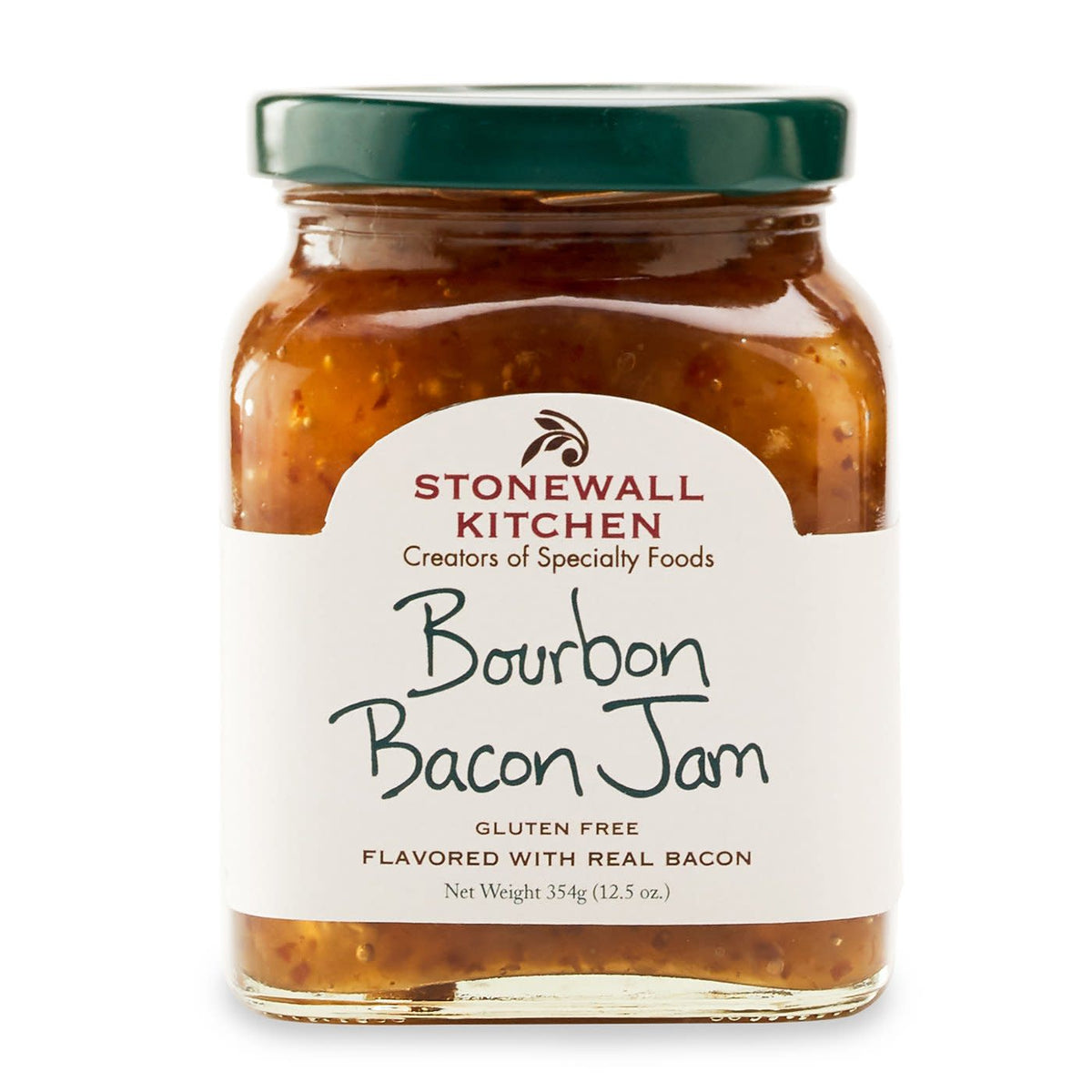 Open jar of bourbon bacon jam with visible bacon pieces in a glass container