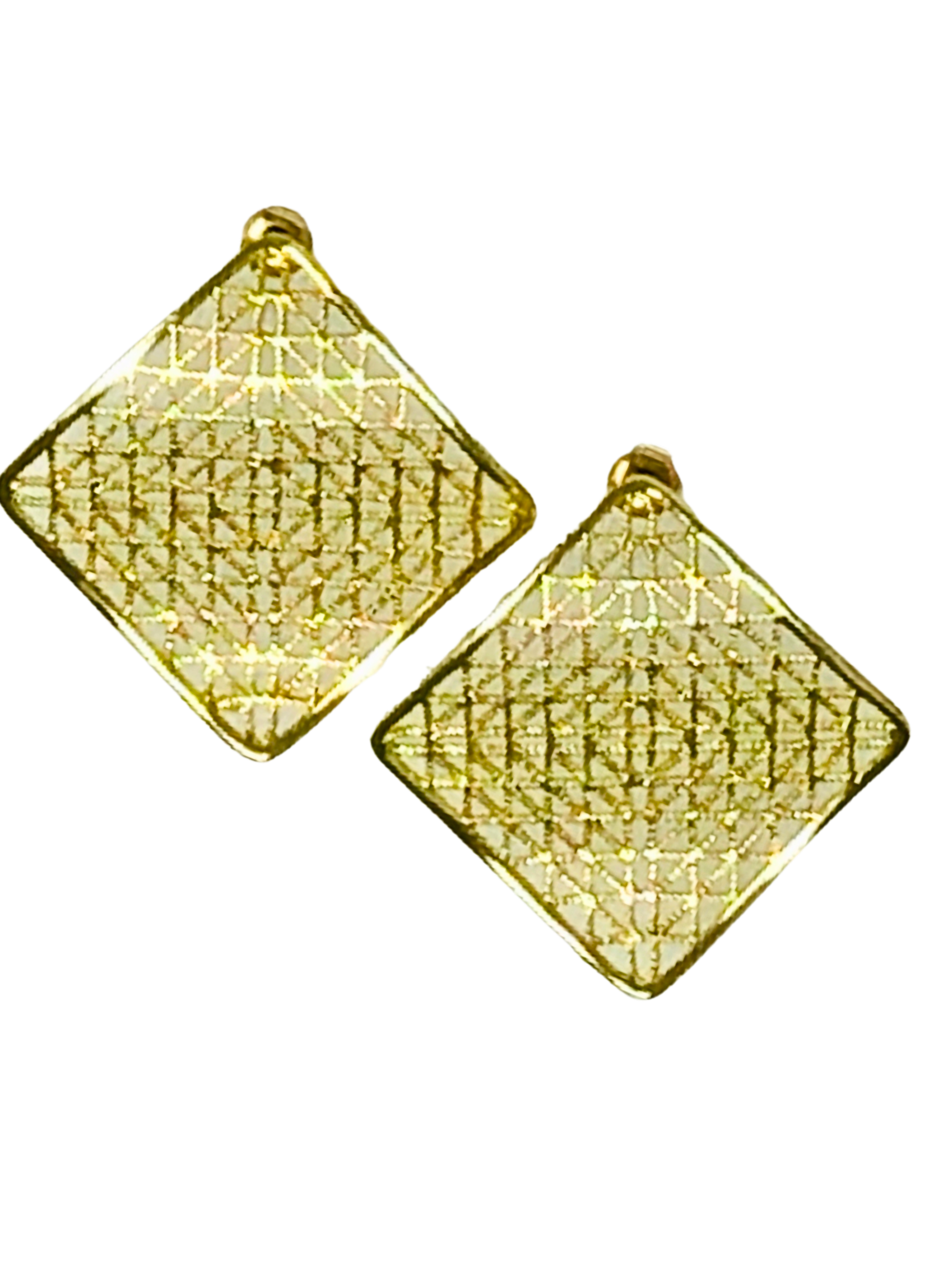 Gold polished large square earrings with a textured mesh geometric pattern.