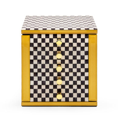 Courtly Check Jewelry Armoire with printed glass top, metal frame, plastic accents, and a checkered pattern.