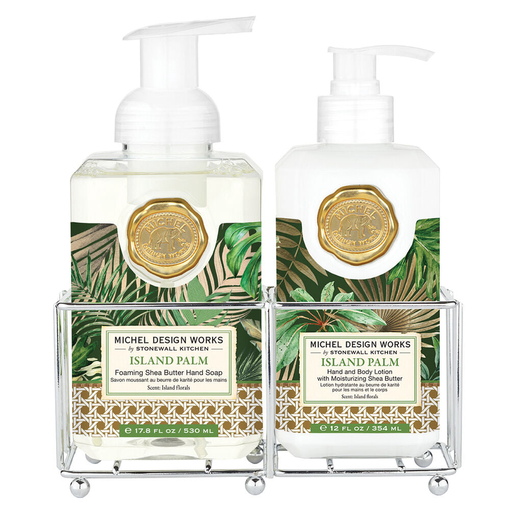 Foaming hand soap bottle with lotion dispenser in a caddy.