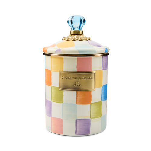 Hand-painted pastel checkered steel canister with a blue glass finial and gold logo plate.