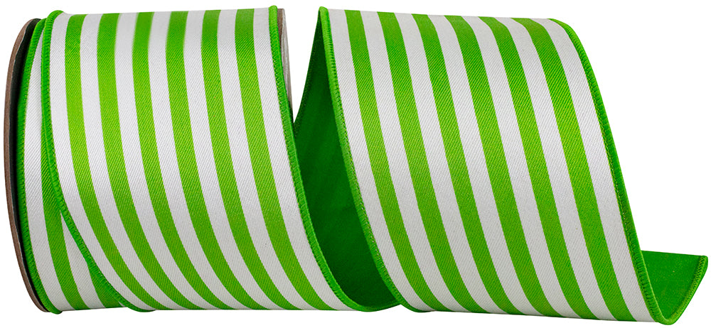 4 inch lime green and white striped twill wired ribbon with a deluxe dupioni backing.